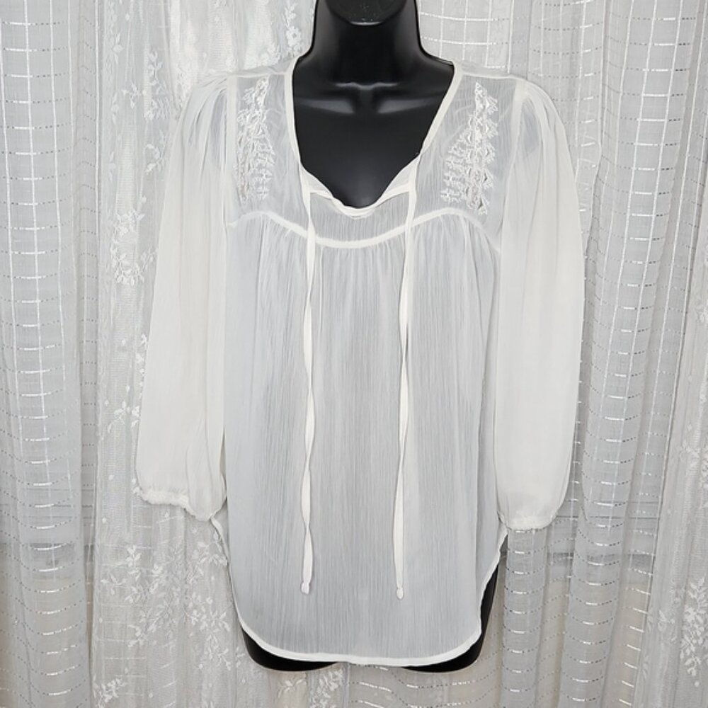 Boho White Chiffon Peasant Shirt With Lantern Sleeves and Floral Embroidery SzL